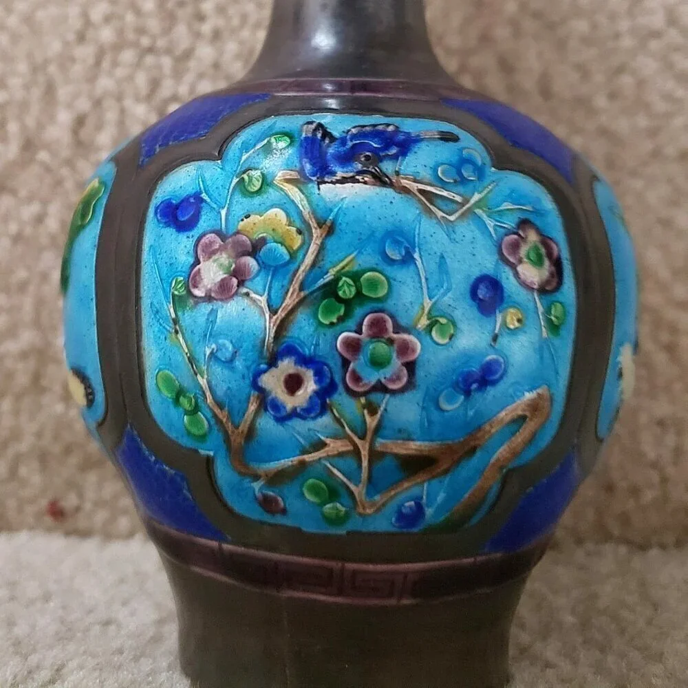 Small Vintage Cloisonne Genuine Silver Antique Natural Patina  Floral Vase Set
